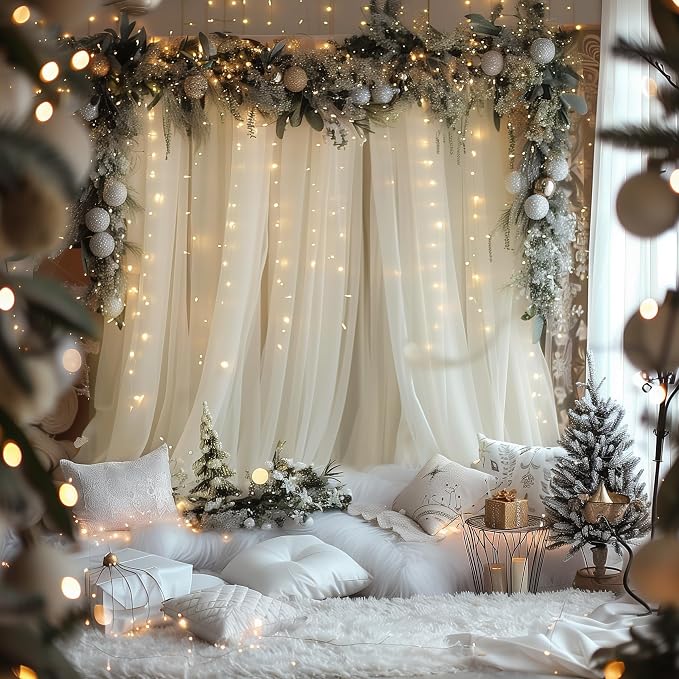 Fomcet Tulle Backdrop Curtains Ivory 30FT X 10FT Tulle Curtain with Lights String Sheer Backdrop Curtains for Parties Wedding Baby Shower Photo Shoot Decorations (6 Panels 5x10FT)