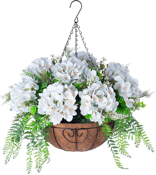 Ammyoo Artificial Flowers in Hanging Basket Planter for Home Spring Summer Decoration, Silk Hydrangea Outdoor Indoor Arrangements, 12" Metal Coconut Lining Basket with Faux Plant(Light Green)