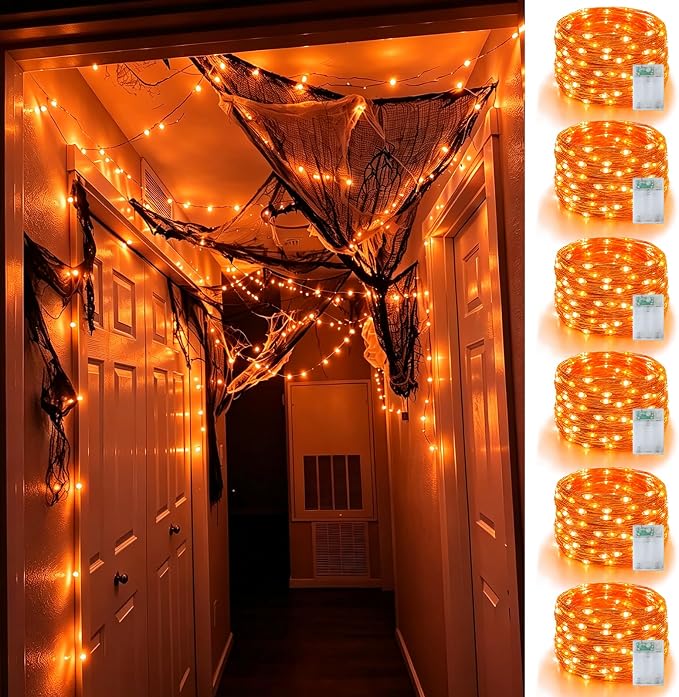 YEGUO Fairy Lights Battery Operated, 6 Packs Each 16ft 50 LED String Lights, 2 Modes Silver Wire Christmas Twinkle Light Indoor for Halloween Bedroom Wedding Party Holiday Gift(Orange)