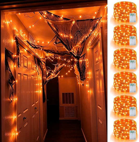 YEGUO Fairy Lights Battery Operated, 6 Packs Each 16ft 50 LED String Lights, 2 Modes Silver Wire Christmas Twinkle Light Indoor for Halloween Bedroom Wedding Party Holiday Gift(Orange)