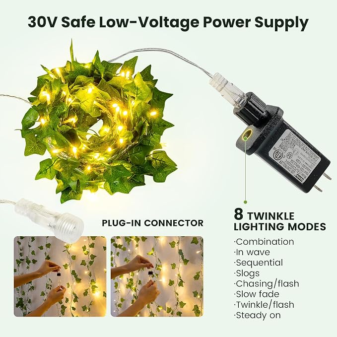 HEYFUNi Vines with Lights 23FT, Fake Ivy String Lights Plug in | 73 Warm White LEDs, Artificial Ivy Leaf Lights For Bedroom, Wall, Balcony, Wedding, Party, Dorm, Aesthetic Decor