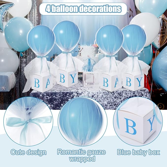 Wettarn 24" Tulle Tutu Balloon with Letter Box for Baby Shower Wedding Table Centerpieces Party Decor Balloon White Tulle Cover for Girl Boy(6 Set, Blue Boy)