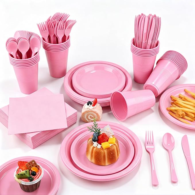 Kochorie 240 Pieces Pink Plastic Dinnerware Set Disposable Heavy Duty Plates Napkins Cups and Silverware Dessert Dinner Plates for Birthday Wedding Baby Shower Party Supplies, Serves 30 Guests