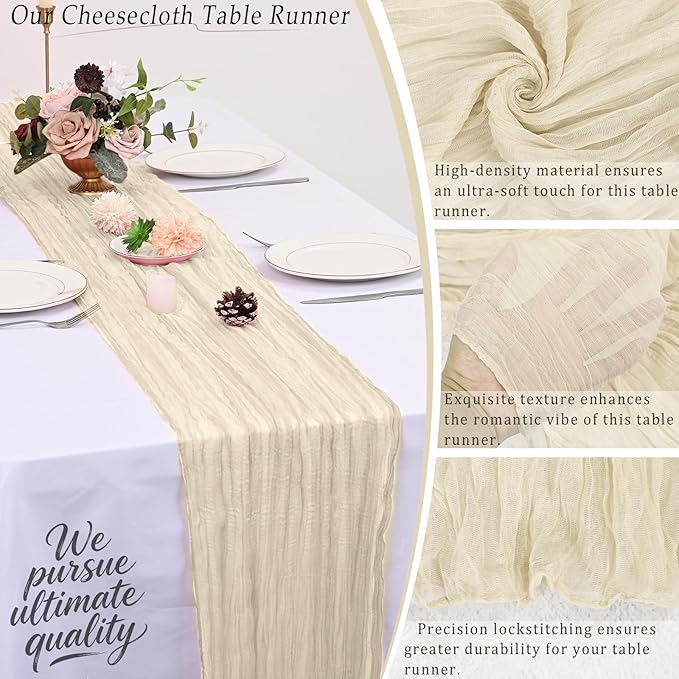 20 Pack Ivory Cheesecloth Table Runner 17x108 Inch Semi Sheer Boho Rustic Gauze Cheese Cloth Table Runners for Wedding Party Birthday Baby Shower Home Décor