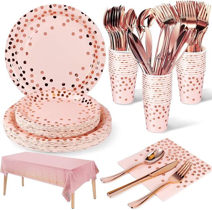 Nkaiso 141 Pieces Pink and Rose Gold Party Supplies, Disposable Party Decorations Sets Include Paper Plates Napkins Cups, Plastic Forks Knives Spoons, for Baby Shower Birthday Wedding -20 Guests