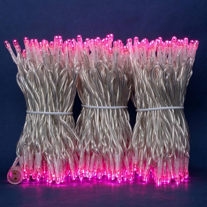 YULETIME 300 Pink String Lights, 100 ft Clear Wire 8 Models Wide Angle LED | 5mm Bulbs, Safe 29V Adapter, Multimode Lighting, Connectable, 100' Total Length, 1-Strand 300 Lights, 4" Spacing