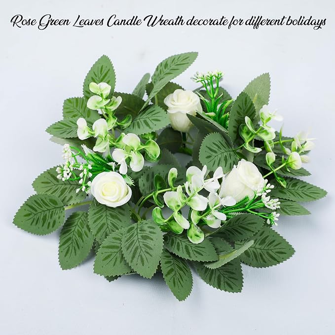 10PCS Wedding Rose Candle Rings Artificial Floral Eucalyptus Leaves Wreaths Faux Candle Rings Summer Greenery Candleholders Garland Pillar Holder for Bridal Shower Bachelorette Party Table Decor
