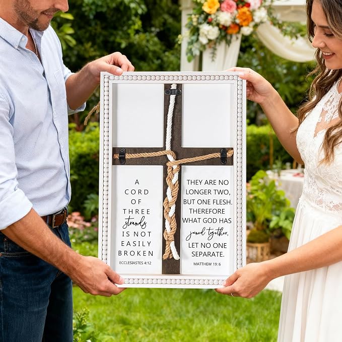 Farmhouse A Cord of Three Strands Wedding Ceremony Sign with Wooden Bead and Hanging Hook, Vintage Rustic Wood Unity Cross for Wedding Ceremony, 11 X 15 Religious Christian Wall Decor Gift for Couple