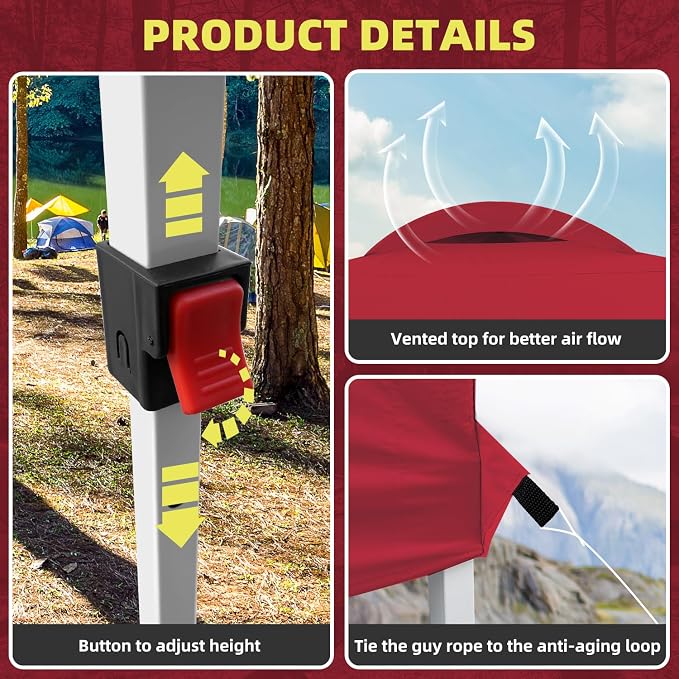 10x10 Pop Up Canopy Tent, One Push Center Lock Instant Setup Folding Shelter, High Strength Steel Frame and Handheld Carry Bag, Ground Stakes and Wind Ropes for Camping, Parties, Red