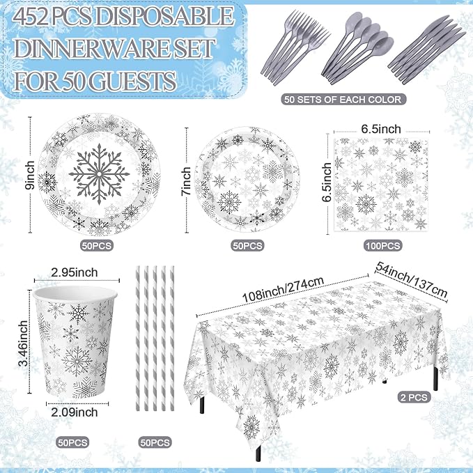 Funnymoom 452 Pcs Winter Snowflake Party Supplies, Silver Snowflake Paper Plates and Napkins Cups Tablecloth Cutlery Straws for 50 Guests Winter Birthday Wonderland Party Decoration