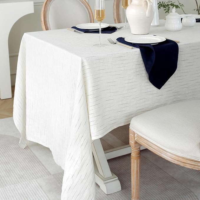 Linen World Stripe Linen Tablecloth,100% French Navy Pinstripe Table Cloth 55" x 55" Inch,Washable Square Tablecloth for Dining,Outdoor,Weddings and Restaurants,Decorative Thanksgiving Christmas