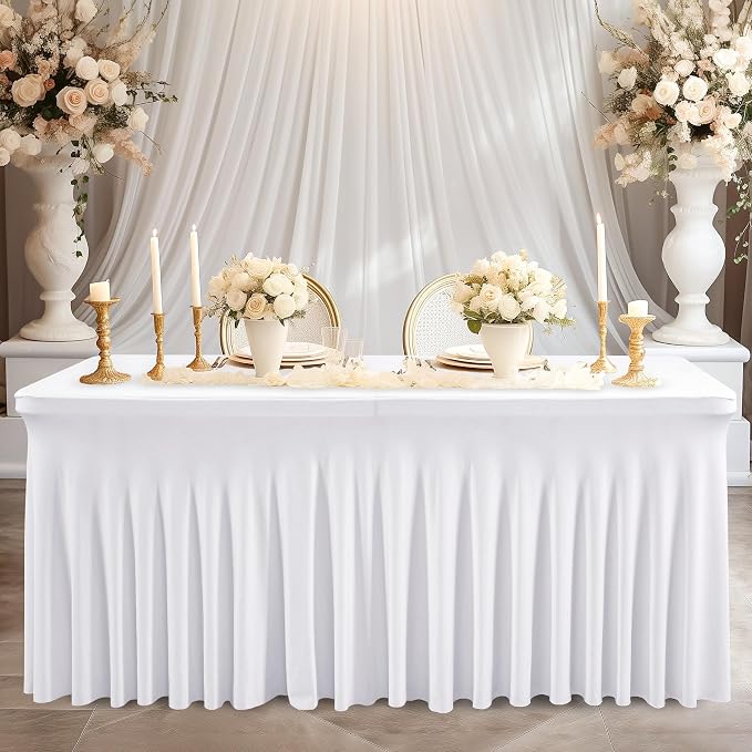 Wish Care 12 Pack White Spandex Table Clothes for 6 Foot Rectangle Tables, 6FT Wrinkle Free Fitted Tablecloths Ruffles Design Table Cloth for Party, Banquet, Wedding and Events