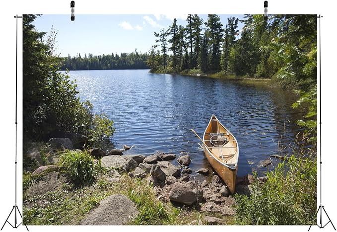 BELECO 15x8ft Fabric Forest Lake Fisherman's Canoe Backdrop for Photography Summer Green Trees River Fishing Background Fishing Theme Party Decorations Studio Booth Photo Props