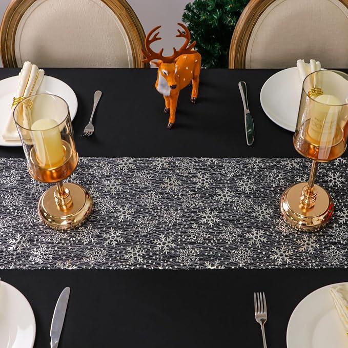 Snowkingdom Christmas Snowflake Silver Table Runner 11 Inch x 100 Feet Sparkly Silver Foil Glitter Metallic Mesh Dining Table Decorations for Seasonal Winter Xmas Festival Holiday Home Party