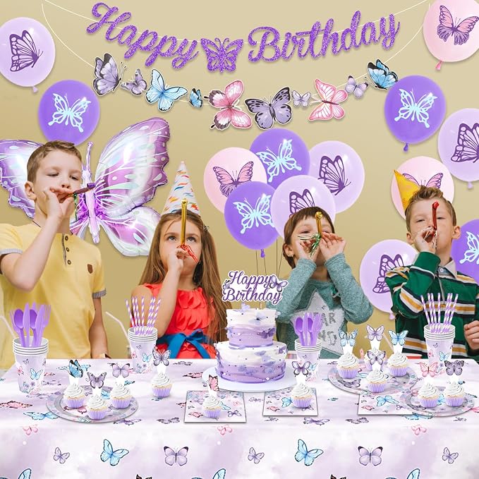 Butterfly Birthday Decorations, Butterfly Decorations Purple Birthday Decorations Tableware, 163 Pcs Butterflies Decorations for Girls, Serves 16