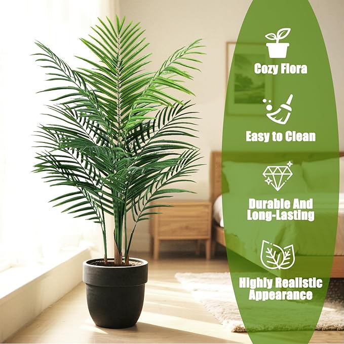Artificial Palm Tree Indoor 4ft, Large Fake Tropical Areca Palm Tree with 13 Trunks, Tall Faux Floor Plants for Indoor Outdoor-Living Rooms, Offices, Bedroom Home Decor