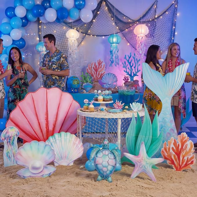 9 Pcs Large Under The Sea Party Decorations Mermaid Birthday Decorations, Ocean Theme Party Supplies, Shell, Starfish, Jellyfish, Seaweed, Coral Stand up Cardboard Cutouts for Baby Shower