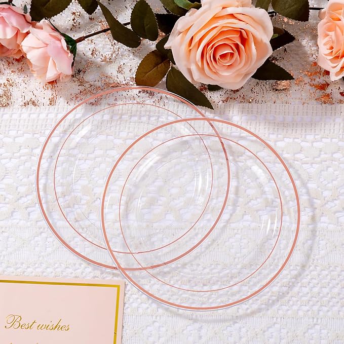 bUCLA 100PCS Clear Rose Gold Plastic Plates Disposable - Heavy Duty 6.25 Inch Clear Plastic Dessert Plates with Rose Gold Trim - Ideal for Party & Wedding