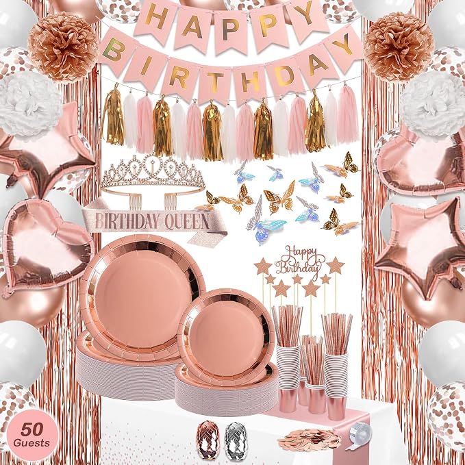 UJoyant 296 Pcs Birthday Decorations For Women, Rose Gold Party Decorations Kit For Girls Or Women - Butterfly, Hanging Swirl, Balloon Stand, Sash, Tiara, Banner, Balloon, Tableware For 50 Guest