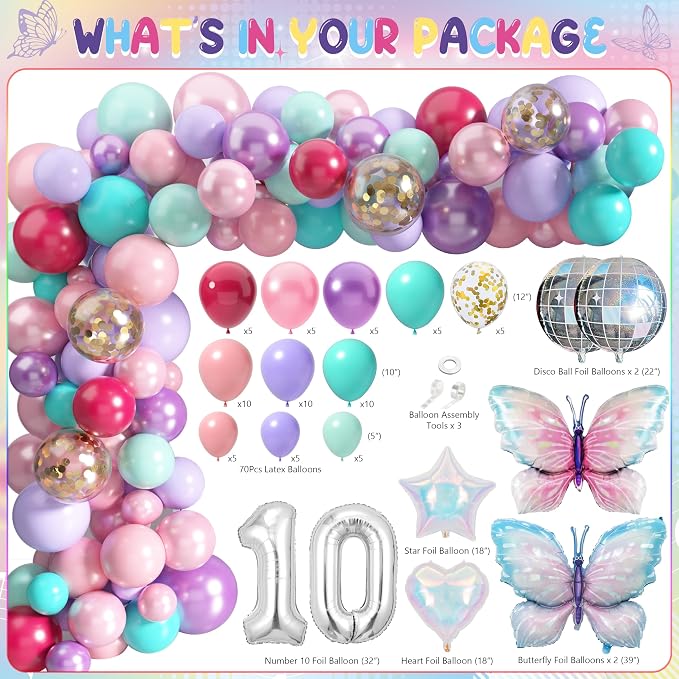 10th Birthday Decorations for Girls, Double Digits Birthday Girl Party Decor, Party Supplies with Pink Purple Balloon Arch Friendship Bracelet Banner Backdrop Hanging Swirls