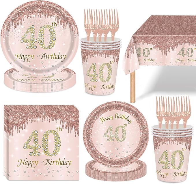 121Pcs 40th Birthday Party Supplies Plates Napkins Cups Forks Tablecloth Rose Gold Happy 40th Birthday Themed Disposable Tableware Decorations Serves 24 Guests for Women 40 Years (40th rose gold)