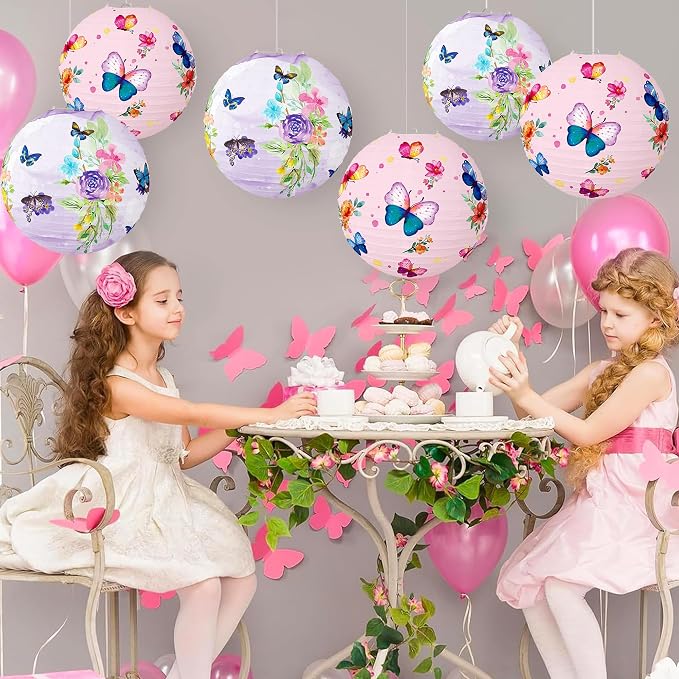Butterfly Paper Lanterns Butterfly Hanging Decorations Round Pink Paper Lanterns Ceiling Decorations for Birthday Baby Shower Theme Party Supplies Room Decor