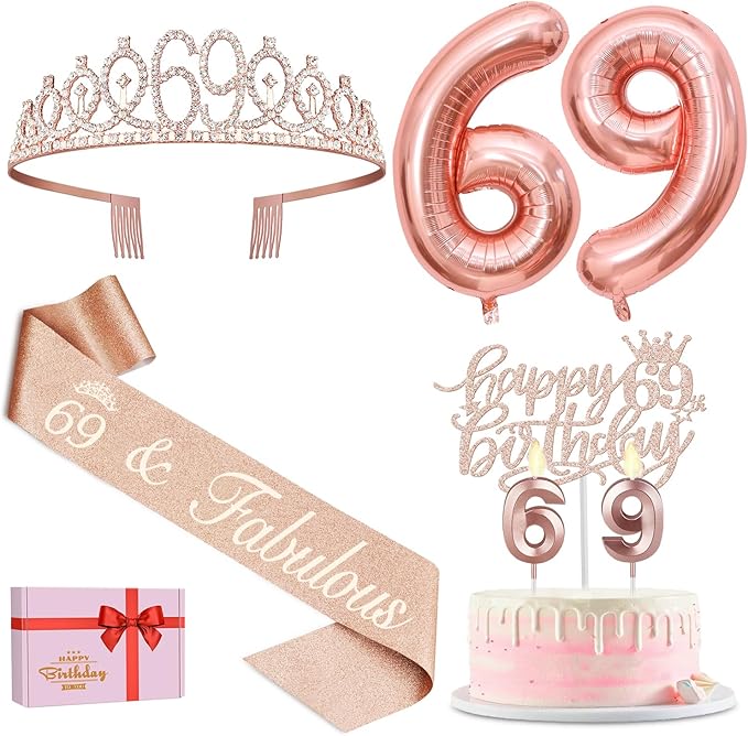 69th Birthday Decorations for Women, Including 69th Birthday Sash and Tiara, Cake Topper and Candles, Number Balloons, 69 Year Old Gifts for Women