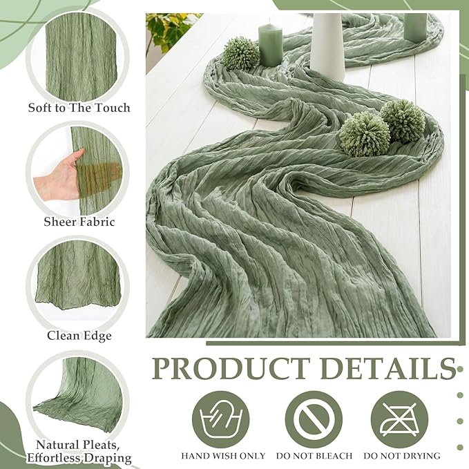 8 Pcs Sage Green and Brown Cheesecloth Table Runner Boho Gauze Cheese Cloth Runner 118" Rustic Table Decor for Woodland Baby Shower Wedding Bridal Jungle Safari Birthday Party Home Arbor Decorations