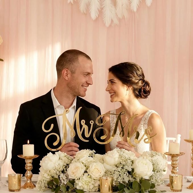 Mr & Mrs Sign for Wedding Chair Decor, Acrylic Gold Mr and Miss Sign,Photo Props, Freestanding Wedding Centerpiece Chair Letters Wedding Decorations for Anniversary,Engagement,Party (Gold, 0.2'')