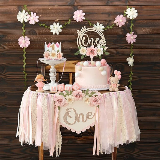 Wildflower 1st High Chair Banner Birthday Decorations For Girl Pink Flower Cake Topper Hat Floral Theme Party Decoration