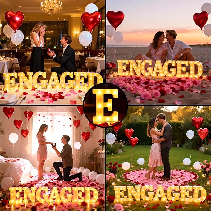 Engaged Decorations, Engaged Light Up Letters Sign with Rose Petals, Aluminum Balloons, Round Pearlescent Balloon, Double Sided Tape for Valentine's Day Wedding Romantic Party
