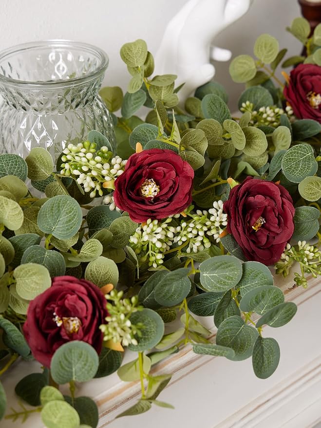 PARTY JOY 6.5 ft Eucalyptus Garland with Flowers, Floral Greenery for Party Wedding Table Indoor Outdoor Backdrop Wall Decor (Red,1)