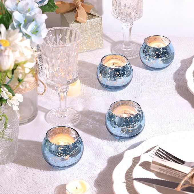 36 Pcs Blue Votive Candle Holders - Mercury Glass Tealight Holders for Dusty Blue Wedding Decor, Centerpiece Table Decorations
