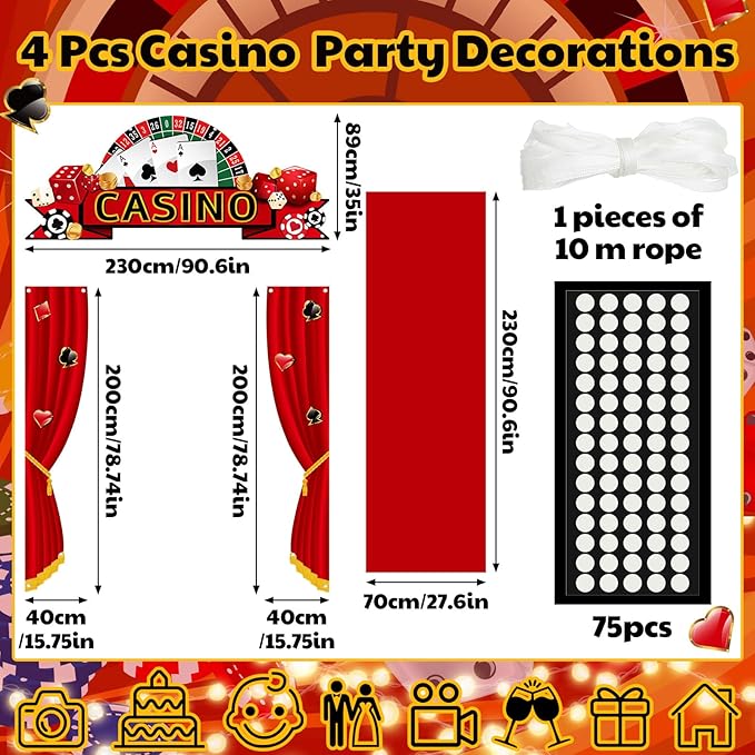 VitalCozy 7pcs Casino Party Decorations Casino Night Party Porch Banners Red Rug Gold Foil Fringe Backdrop Curtains for Las Vegas Poker Dice Birthday Halloween Photo Background Door Entryway Decor