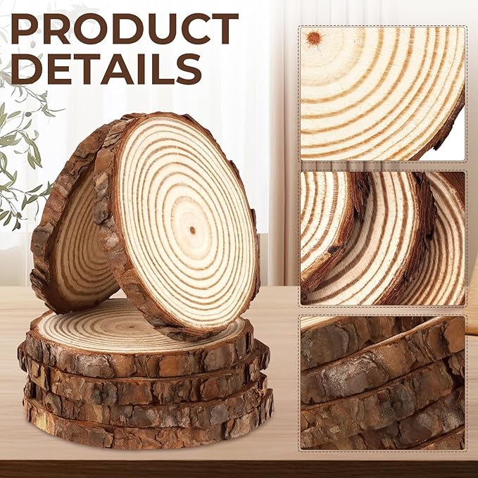 FSWCCK 10 PCS Unfinished Wood Slices for Centerpieces-Round Natural Discs with Tree Bark, Wooden Cookies Circles for Crafts Christmas Ornaments, Rustic Wedding Decor,Table Decoration (4"- 4 .7")