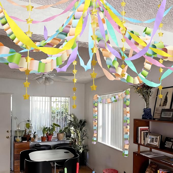Gueevin Fancy Birthday Whimsical Party Decor 600 Sheets Pastel Paper Chain Garland 2 Pack Star Curtains 492 ft Pastel Crepe Paper Streamers Party Decor for Whimsical Fancy Birthday Supplies