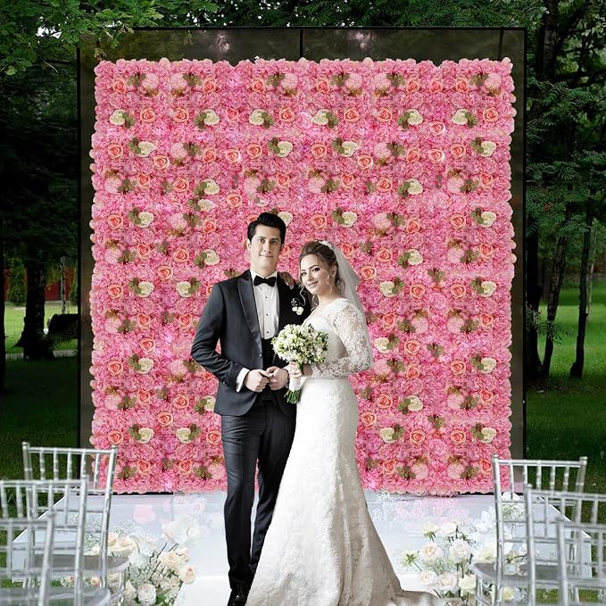 3D Flower Wall Backdrop - 12Pcs 15×15 Inch Artificial Rose Panels Pink Silk Floral Decor for Home Party Wedding Anniversary Birthday Photographic Studio Background & Decorative Fences