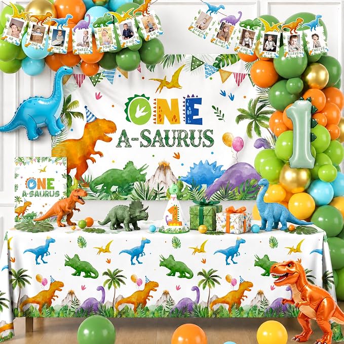 One a Saurus Birthday Decorations - 250Pcs Dinosaur Themed Party Supplies with Tableware Balloon Arch Garland Backdrop Banner Cake Topper,1st Birthday Decorations Boy