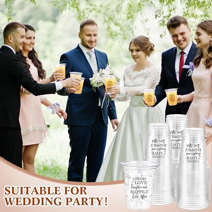 Jingmore 100 Pcs Wedding Plastic Cups 12 oz Cheers to Love Laughter Happily Ever After Disposable Clear Drinking Cups Bulk for Wedding Reception Bridal Shower Engagement Party Decorations Supplies