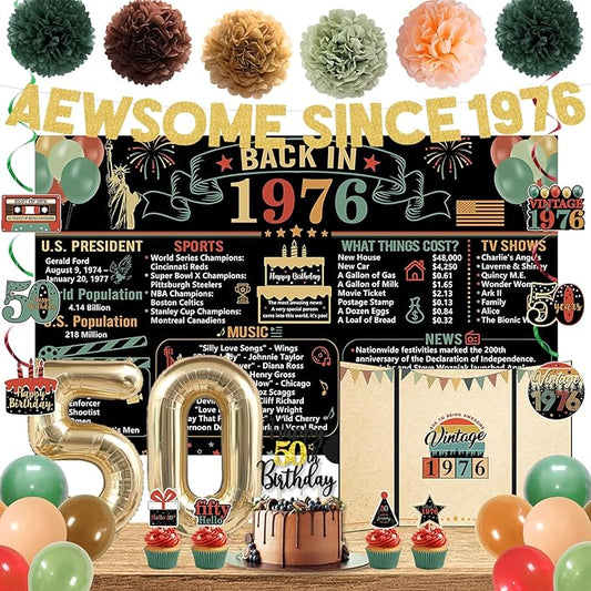 Trgowaul Colorful Back in 1976 Birthday Decorations for Men Women, 50th Bday Party Supplies, 50th Birthday Signature Guest Book, Vintage Back in 1976 Backdrop Banner, Cheers to 50 Years Old Decor