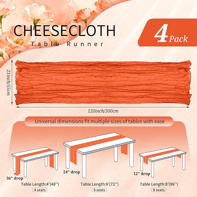 4 Pack Cheesecloth Table Runner 10FT Orange Table Runner Boho Gauze Cheese Cloth Table Runners Long Rustic Sheer Table Decorations for Wedding Party Baby Bridal Shower Birthday Holiday Home