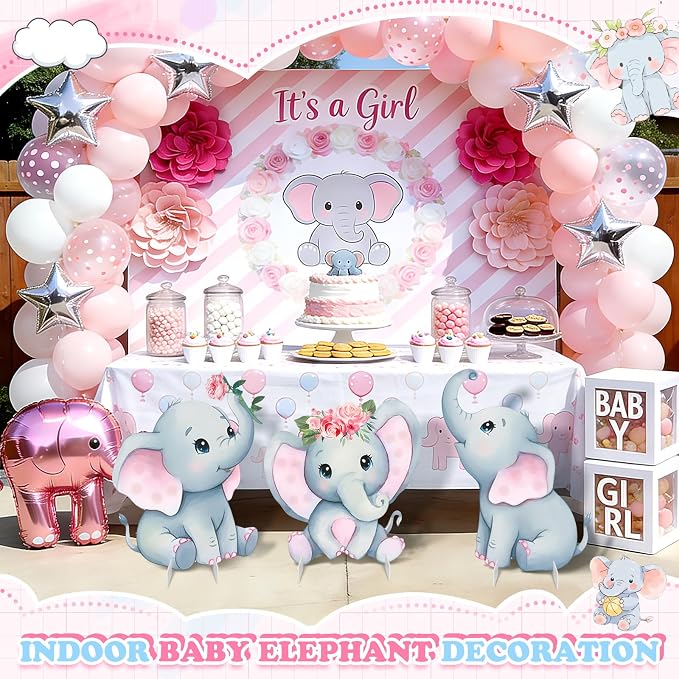 3Pcs Pink Elephant Baby Shower Decorations with Stakes & Stands, Waterproof Large Baby Elephant Cardboard Cutouts Standup Cartoon Birthday Party Indoor Outdoor Decor for Photo Booth Props