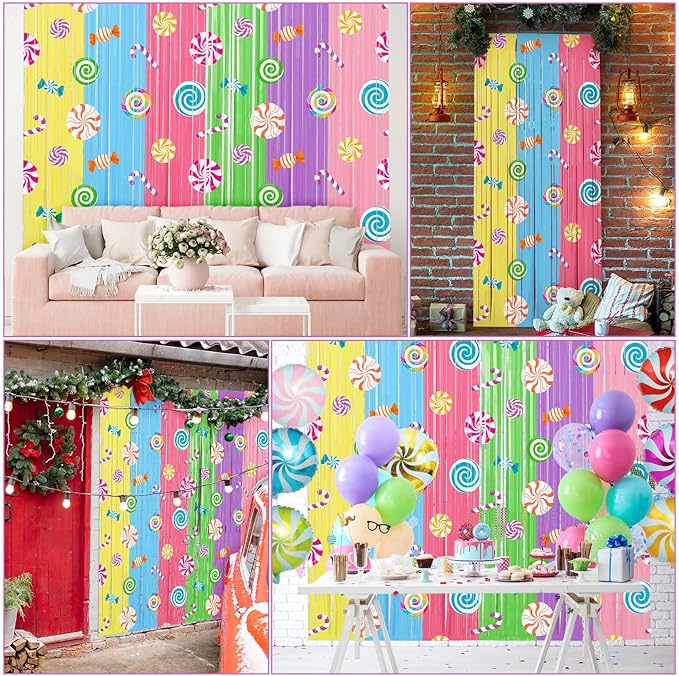 Blosssound 4 Packs Candyland Party Decorations 3.3 x 6.6 ft Candy Foil Fringe Curtain Dark Sweet Candy Tinsel Streamers for Lollipop Candyland Birthday Baby Shower Sweet Shop Party Decoration