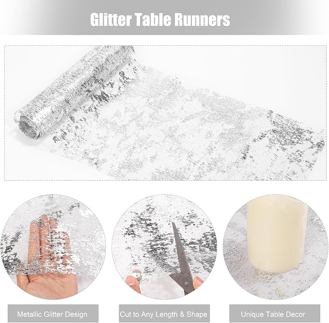Aneco 12 Pieces Metallic Glitter Table Runner 84 x 11 Inches Silver Glitter Mesh Table Runners Sparkle Rectangle Runner Roll Decorations for Wedding Baby Shower Birthday, DIY Home Decor