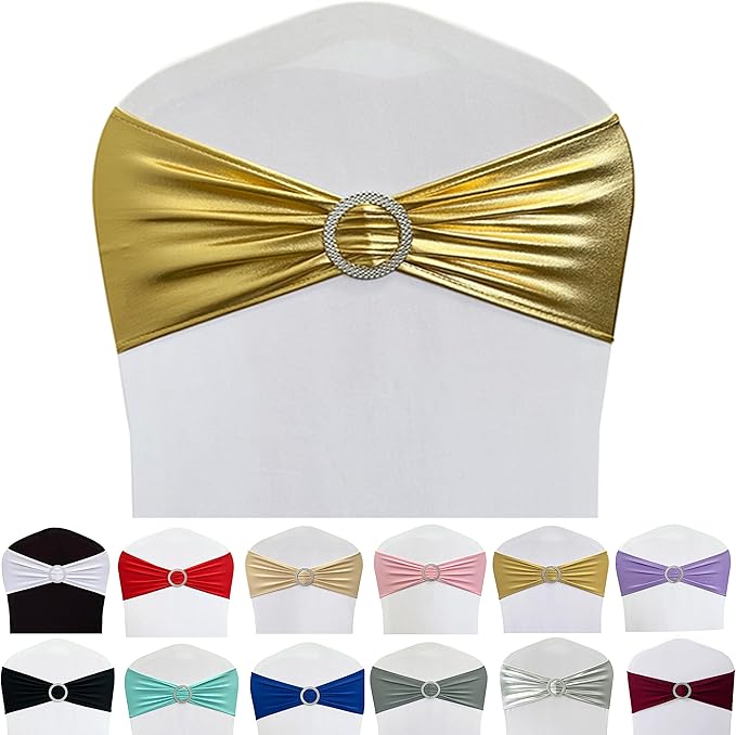 Spandex Chair Sashes Bands 50PCS Stretch Chair Ties Bows with Buckle Slider for Wedding Party Banquet Decoration (Metallic Gold)…