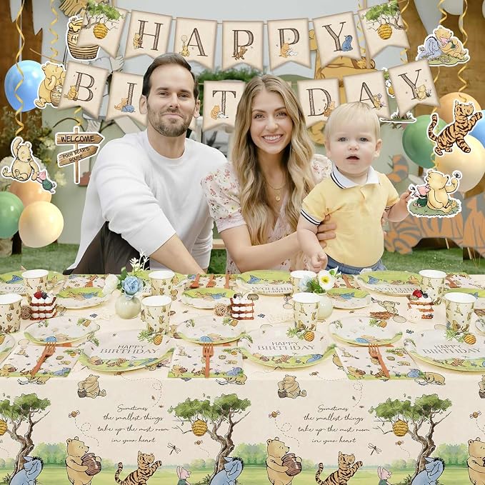 192pcs Winnie Birthday Decorations, Vintage Winnie Bear Plates Napkins Cups Forks Tablecloth Balloons Banner Hanging Swirls Cupcake Toppers for Boy Girl Party Supplies 25 Guests