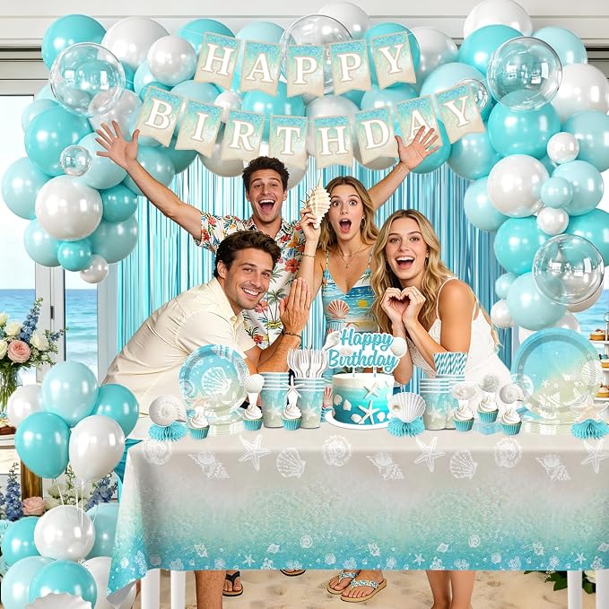 cocomigo 299pcs Beach Birthday Party Decorations Serves 25 Guests, Worry-free One-stop Set, with Balloons Arch, Banner Thick Plates and Cupcake Toppers, Easy Setup for Ocean-Themed Party