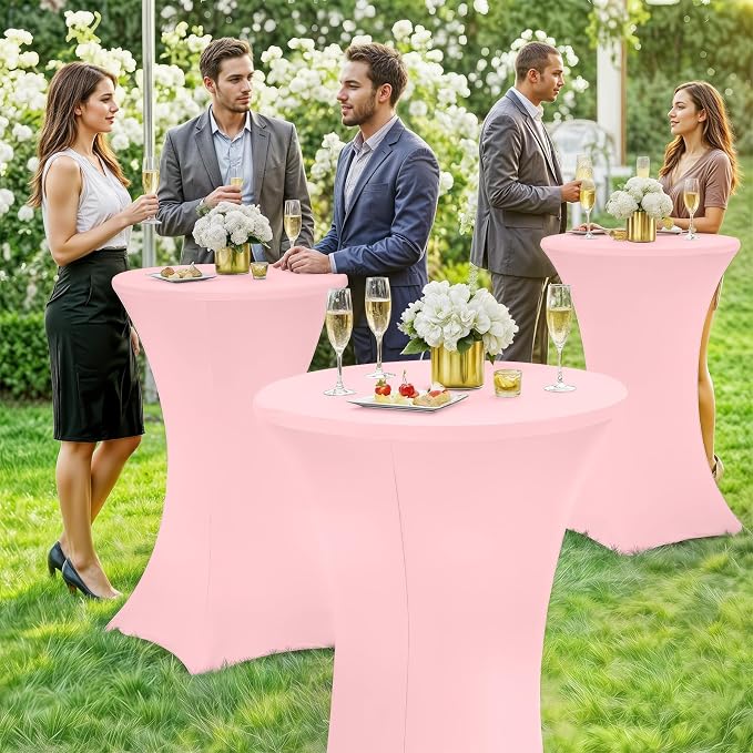 Moosfor Spandex Cocktail Table Covers 4 Pack, Elastic Fitted Stretch Table Cloth, Round High Top Tablecloths for Bar, Party, Pub, Wedding & Banquet (Pink, 32x43 Inch)
