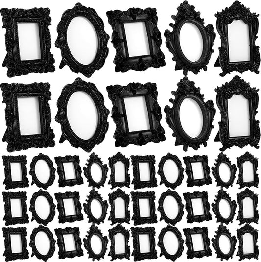 Maitys 40 Pcs Mini Picture Vintage Frames with Stands Tiny Antique Photo Baroque Ornate Resin Oval Frame Table Top Display Home Wedding Decor (Black)