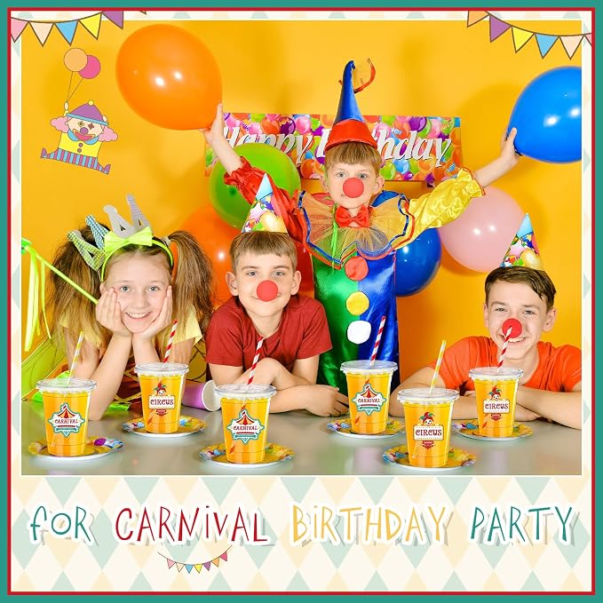 FoldTier 50 Pcs Carnival Party Plastic Cups 12 oz Disposable Plastic Cups with Straws and Lids Circus Clear mug Birthday mugs Supplies Birthday Table Decorations Party Favor